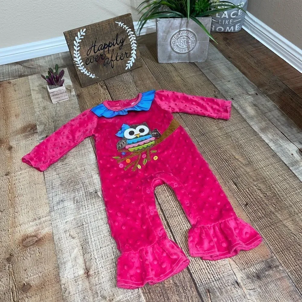 💜 Mud Pie Pink Minky Owl Romper Ruffled Hem and Neckline Size 0-6 M